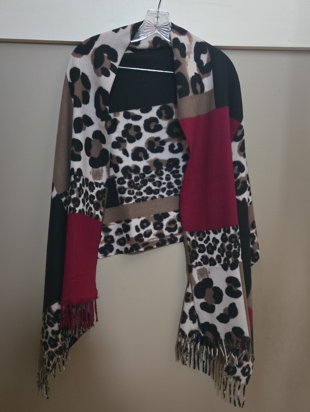 Leopard Print Colorblock Fringe Wrap - Red, Brown, Black, Cream